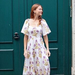 Pink Chicken White Maxi Dress with Lavender Floral Print